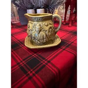 Vintage Japan Majolica Pottery Creamer or Small Pitcher with plate